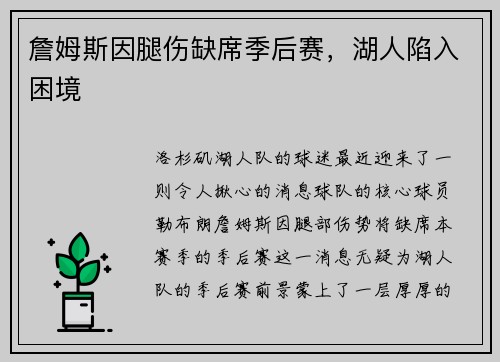 詹姆斯因腿伤缺席季后赛，湖人陷入困境