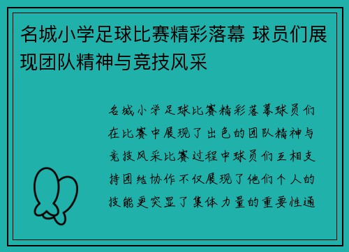 名城小学足球比赛精彩落幕 球员们展现团队精神与竞技风采