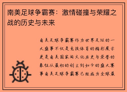 南美足球争霸赛：激情碰撞与荣耀之战的历史与未来