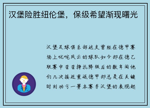 汉堡险胜纽伦堡，保级希望渐现曙光
