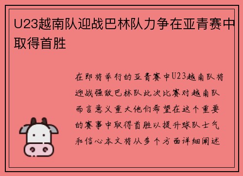 U23越南队迎战巴林队力争在亚青赛中取得首胜