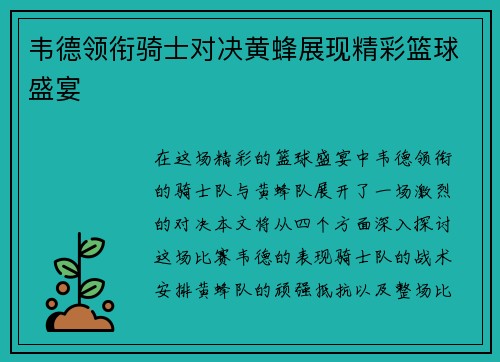 韦德领衔骑士对决黄蜂展现精彩篮球盛宴
