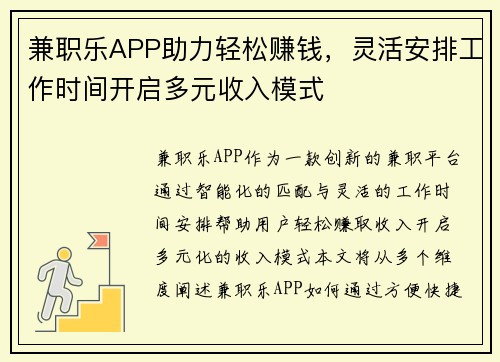 兼职乐APP助力轻松赚钱,灵活安排工作时间开启多元收入模式 兼职乐APP助力轻松赚钱,灵活安排工作时间开启多元收入模式