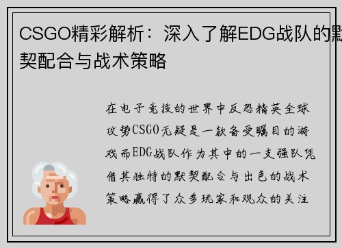 CSGO精彩解析：深入了解EDG战队的默契配合与战术策略
